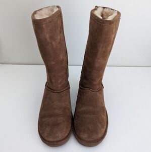 BEARPAW Suede Sheepskin Tall Boots WOMENS 8 Pull On Flat Heel Hickory Brown MINT